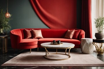 Red fabric sofa and marble stone coffee table. Hollywood regency style interior design of modern living room.