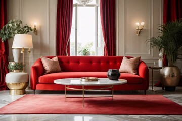 Red fabric sofa and marble stone coffee table. Hollywood regency style interior design of modern living room.