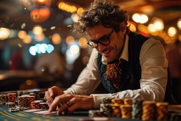 A happy man winning poker in casino - obrazy, fototapety, plakaty