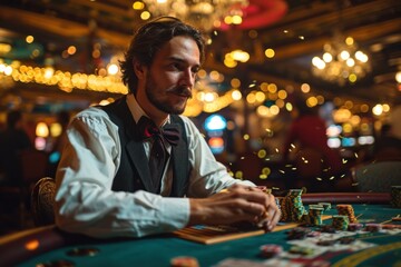 Fototapeta premium A happy man winning poker in casino