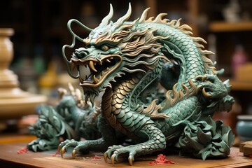 Fototapeta premium Festival featuring a green wooden dragon for Chinese New Year