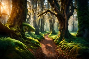 Gordijnen Beautiful fairytale enchanted forest with big trees. © Laiba Rana