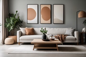 Fototapeta premium Wooden square coffee table near white sofa in room with grey wall with art poster. Minimalist elegant home interior design of modern living room.