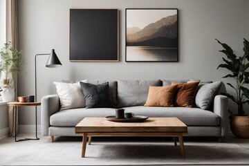 Wooden square coffee table near white sofa in room with grey wall with art poster. Minimalist elegant home interior design of modern living room.