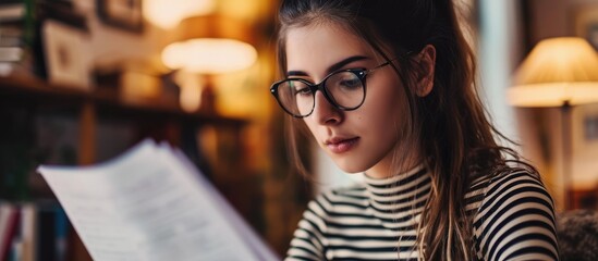 A focused young female professional using documents at her residence, wearing glasses and a striped top. - obrazy, fototapety, plakaty