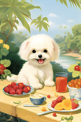 white dog in the garden, terrace, Generative AI 