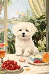 puppy beside the window, terrace, Generative AI 