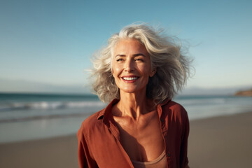 Smiling mature woman at the beach, happy, joyful, enjoying sunny weather near the ocean, natural and relaxed senior lifestyle