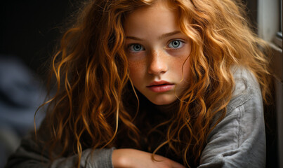 Intense Portrait of a Young Child with Curly Golden Hair and Deep Eyes, Conveying Emotion and Innocence in a Dark Ambience - Powered by Adobe