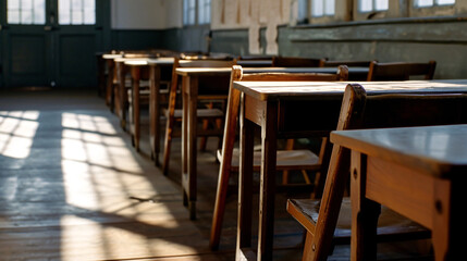 Fototapeta na wymiar Chairs and tables in an empty school classroom, shallow depth of field