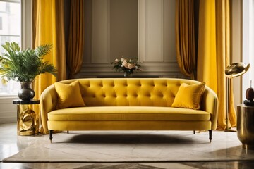 Yellow fabric sofa and marble stone coffee table. Hollywood regency style interior design of modern living room.