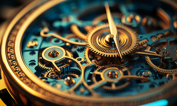 Intricate clockwork mechanism showcasing precision engineering with golden gears and cogs in close-up