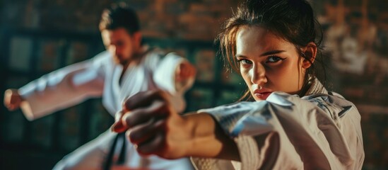 Female martial artist training with a coach, practicing punches, kicks, and strikes using various equipment.