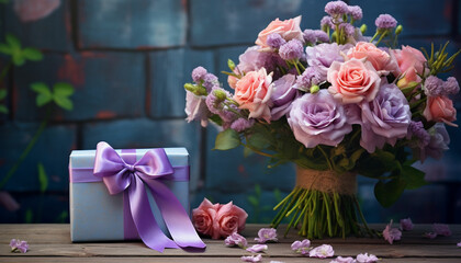 Obraz premium bouquet of flowers and gift box on wooden table
