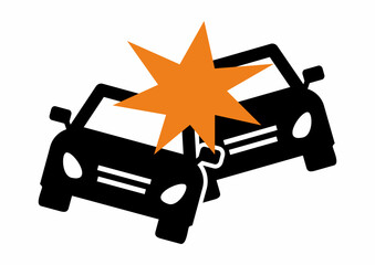 Vehicle collision, two cars, black vector icon, symbol, orange explosion shape