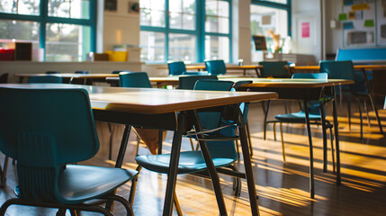 Empty classroom with tables and chairs in a school. Education concept.