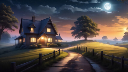 Countryside ranch with house beside the road and tree, full moon night