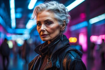 Beautiful Elderly Woman Surrounded by Sleek, Modern Architecture. Modern Aging.