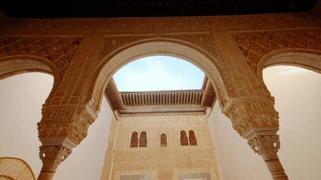 The Alhambra Palace - The Court of the Mexuar Nasrid palace, a three-arched portico facing the Palace of Comares in Granada, Andalucia, Spain