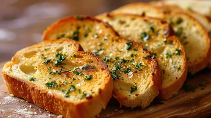 Zelfklevend Fotobehang Garlic Bread: Sliced bread topped with garlic, butter, and herbs, then baked until crispy  © Barbara Taylor