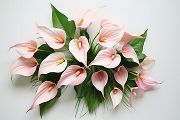 Artistic flowers arrangement. Flamingo flower bouquet with leaves against a white backdrop. Overhead shot with empty space. Generative AI