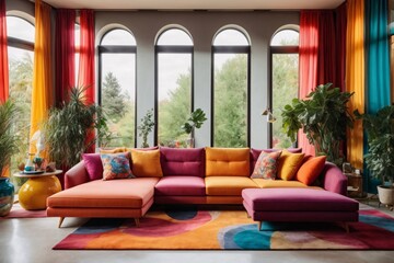 Large and modern living room with colorful sofas and cushions and full wall bookcase - huge windows overlooking the garden.