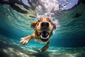An exuberant dog dives underwater, creating a splash of bubbles, its face expressing sheer joy and playfulness in a clear blue pool. - obrazy, fototapety, plakaty