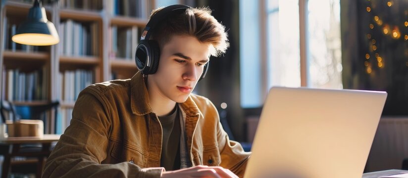 Youthful man wearing headphones working on laptop during virtual seminar.