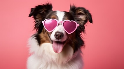 Adorable border collie puppy celebrates st. Valentine's day with heart-shaped sunglasses - high-quality image