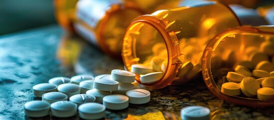Medicare overdose caused by open prescription painkiller bottle in opioid crisis. - obrazy, fototapety, plakaty