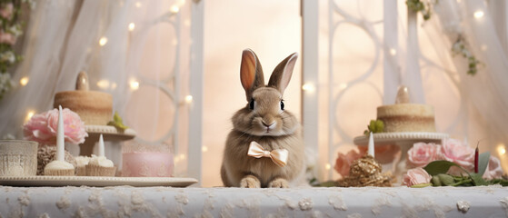 a rabbit wearing a bow tie sits on a table with flowers