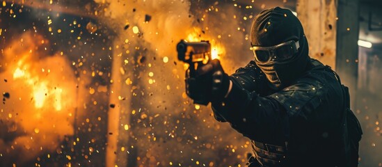 Masked terrorist with gun setting off explosives in a room, showing anger. - obrazy, fototapety, plakaty