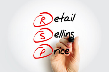 RSP Retail Selling Price - the final price that a good is sold to customers for, acronym text with marker