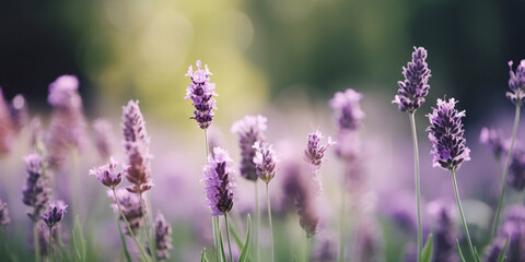 Fototapeta premium Lavender field. Fresh lavender flowers. The main focus is on the lavender flower in the lavender field.