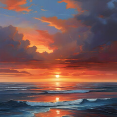 Beautiful seascape at sunset. Nature composition. Digital painting.