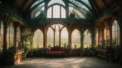 Obraz premium Magic medieval Greenhouse with cinematic lighting with a big windows.