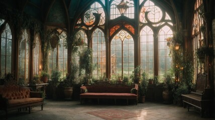 Fototapeta na wymiar Magic medieval Greenhouse with cinematic lighting with a big windows.