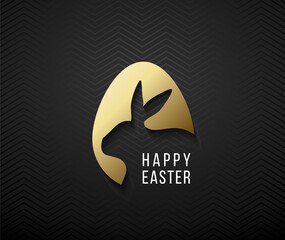Happy Easter greeting card with golden paper cut egg shape frame, Easter rabbit silhouette. Easter Bunny logo. Black zigzag pattern background and white Happy Easter text. Minimalistic modern banner