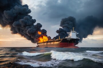 Fototapeta premium Stranded Tanker in Flames and Releasing Oil. Oil Spill Disasters. Environmental Impact on Nature.