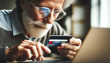 An Elderly man enters his credit car information online via his laptop connected to the internet. Many  elderly ones are vulnerable to online scams. - obrazy, fototapety, plakaty