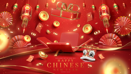 Red luxury background with open gift box and 3d realistic chinese new year ornaments and gold ribbon elements with glitter light effects decorations and bokeh.