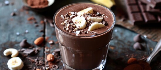 Banana and nut-enriched chocolate smoothie.