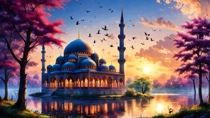 Mosque at the lake with beautiful trees during sunset. - obrazy, fototapety, plakaty