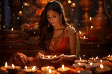Indian woman seated with bowl of candles, surrounded by candles. Concept diwali day, peace, meditation
