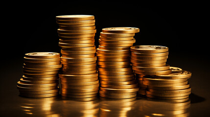 A pile of shiny gold coins on a black background.