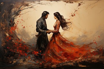 A painting of a couple in a romantic embrace surrounded by red leaves