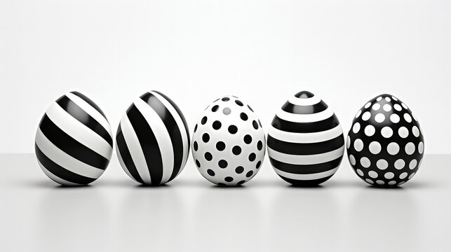 Artistic display of a varied collection of Easter eggs with black and white patterns to celebrate the spring holidays