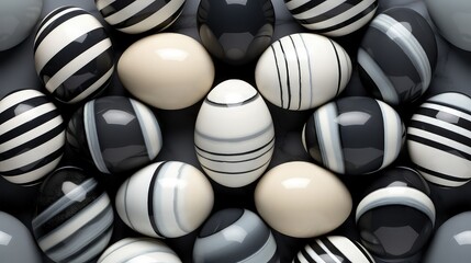 Artistic display of a varied collection of Easter eggs with black and white patterns to celebrate the spring holidays