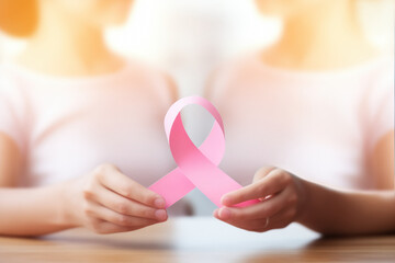 Two women hold a pink ribbon symbol of breast cancer awareness between them with their hands. Support and solidarity for sick people on World Cancer Day.copy space