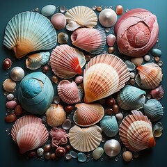 All watercolor seafood shells on the turquoise background
